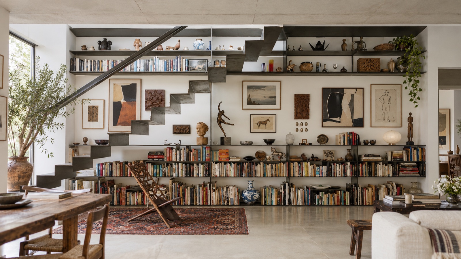 A home library with a steel staircase and shelves of books and objects