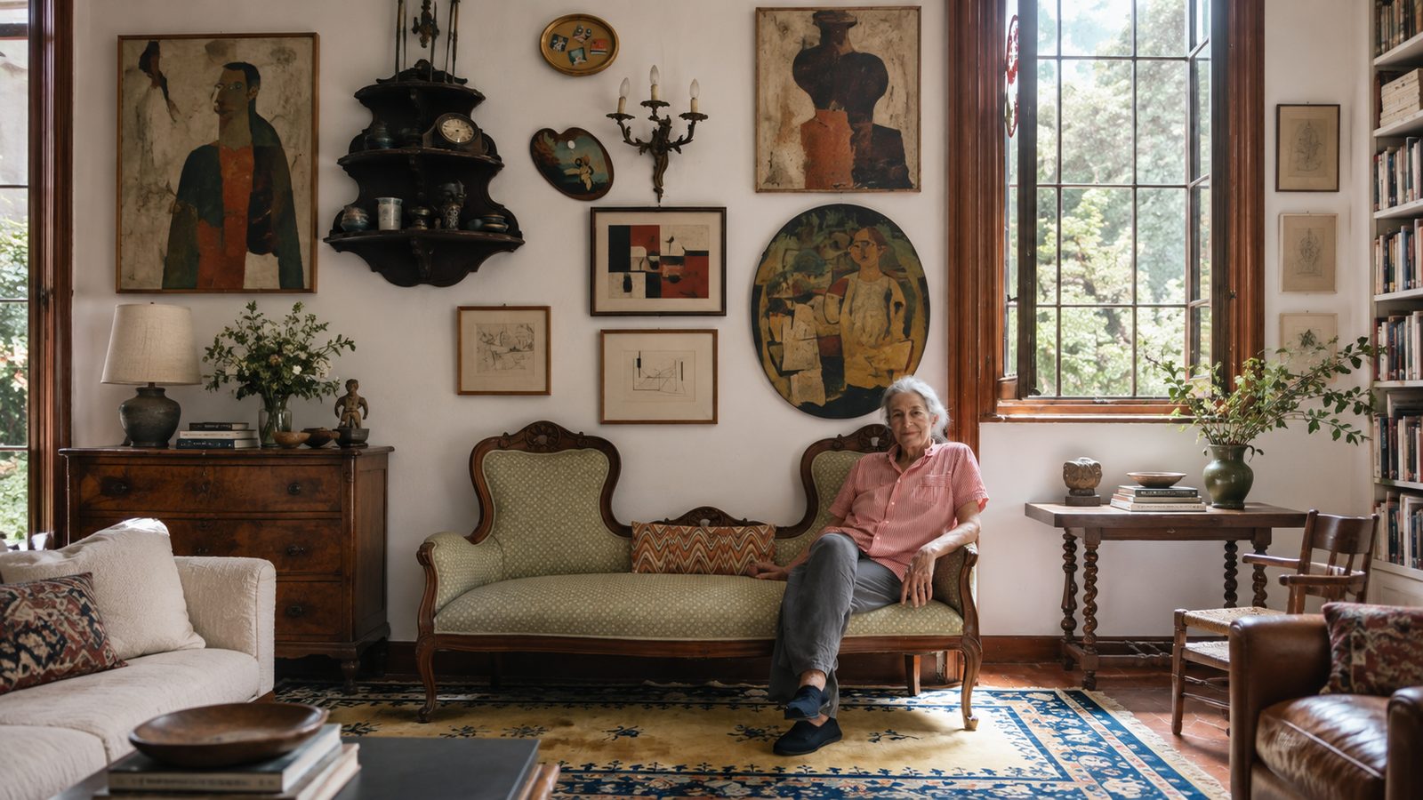 A collector seated in a sitting room hung with paintings