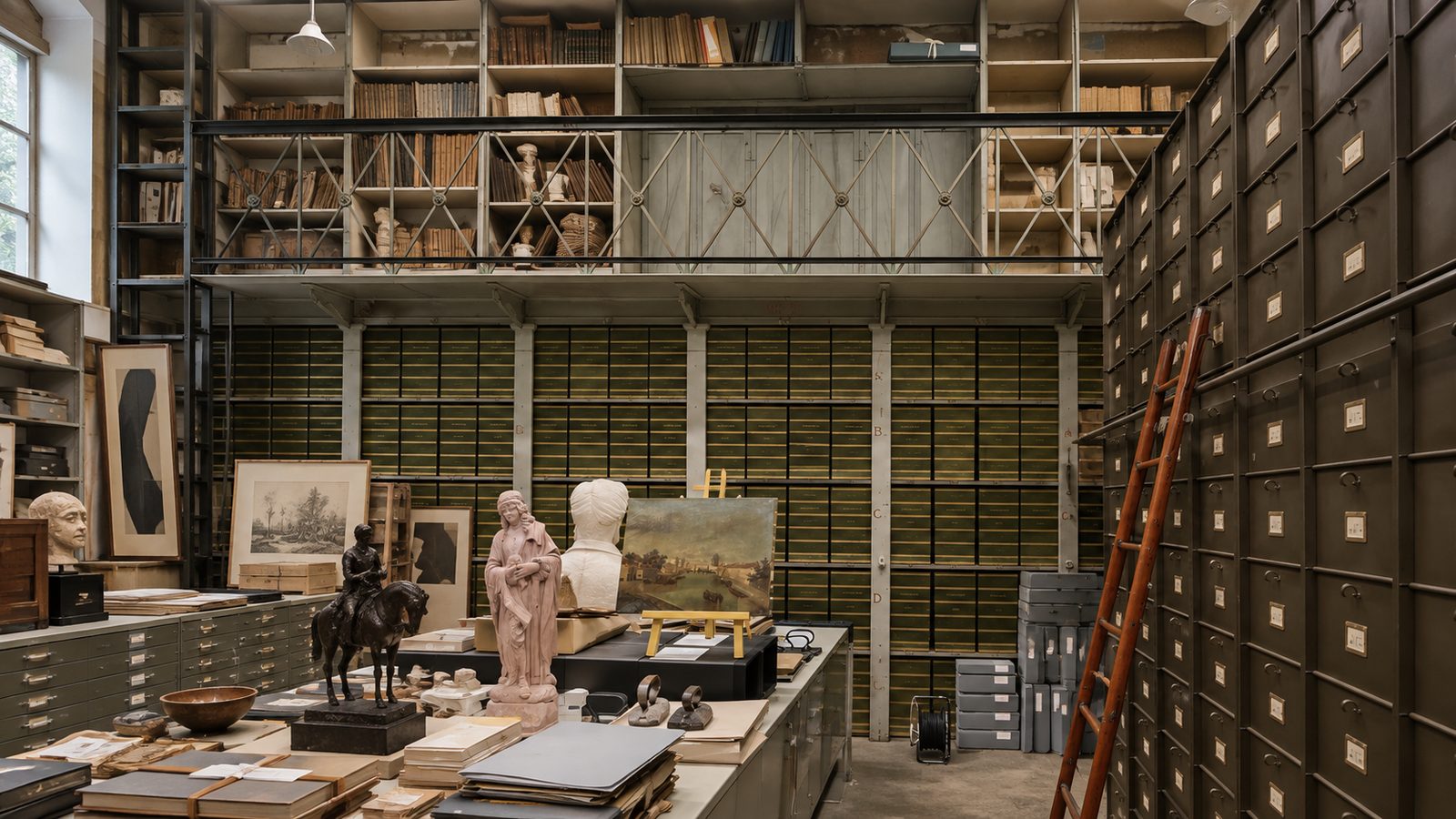 A tall archive hall with steel shelving, flat files and sculptures laid out on tables