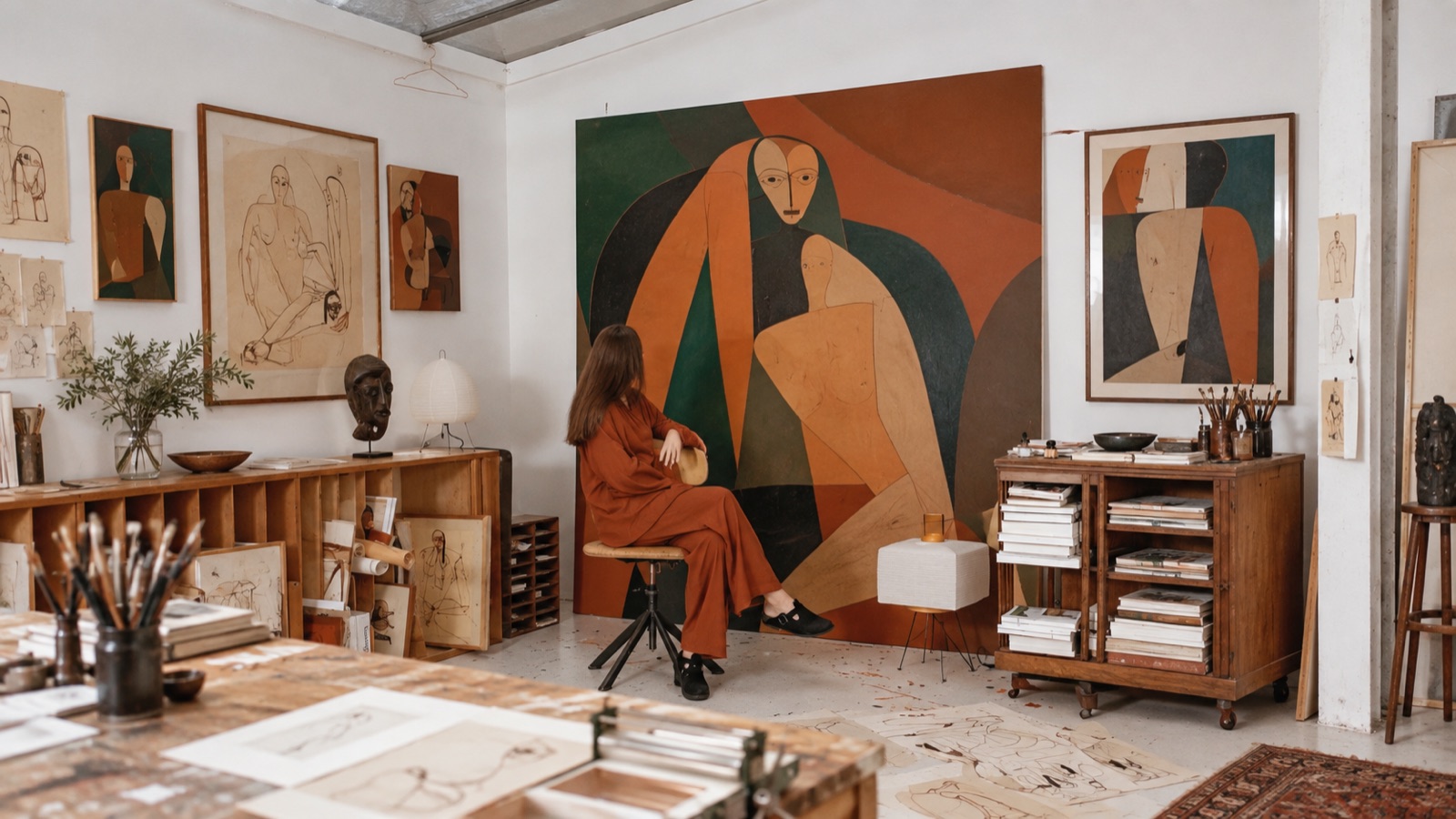 An artist’s studio with a large figurative painting